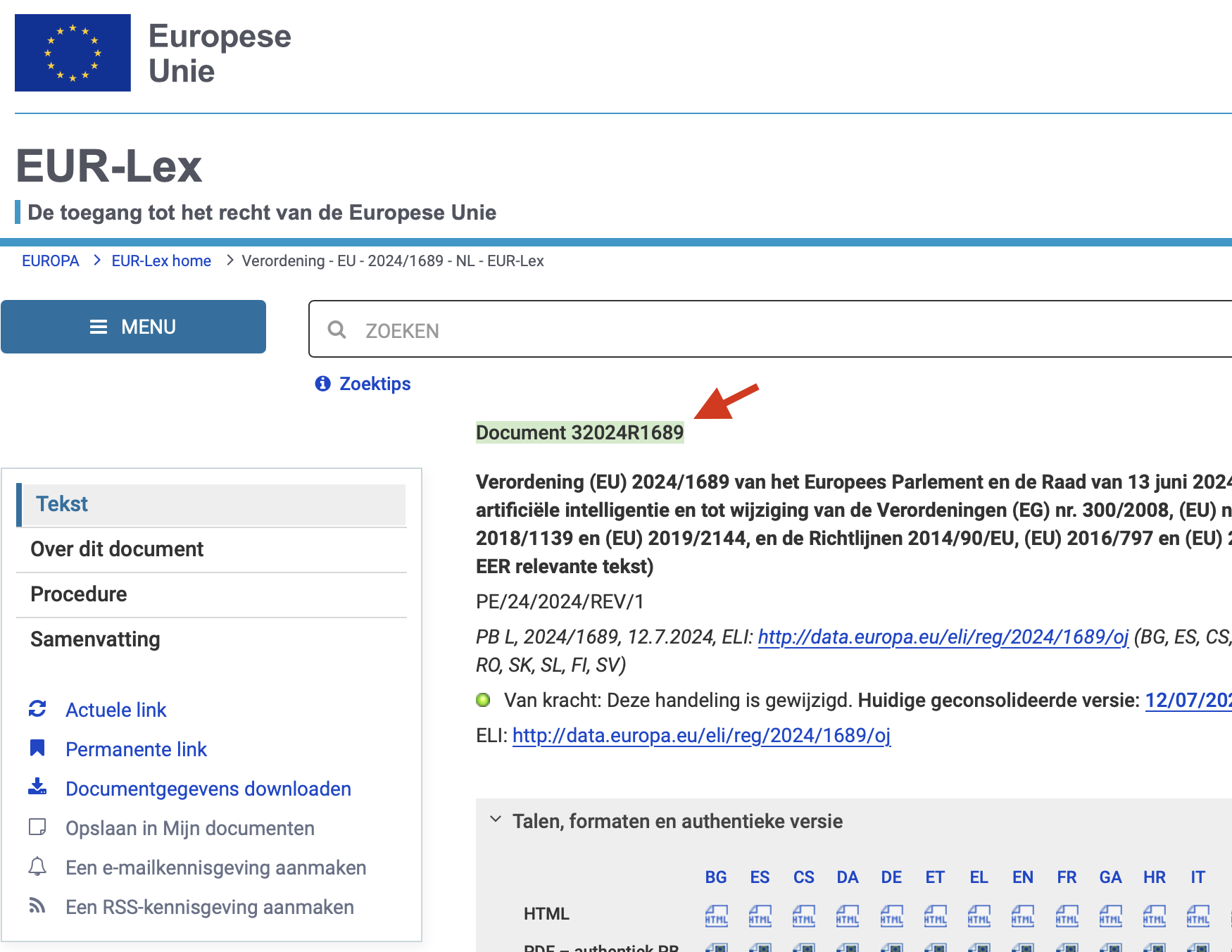 Voorbeeld van een EUR-Lex pagina waarop Document 32024R1689 is gemarkeerd.