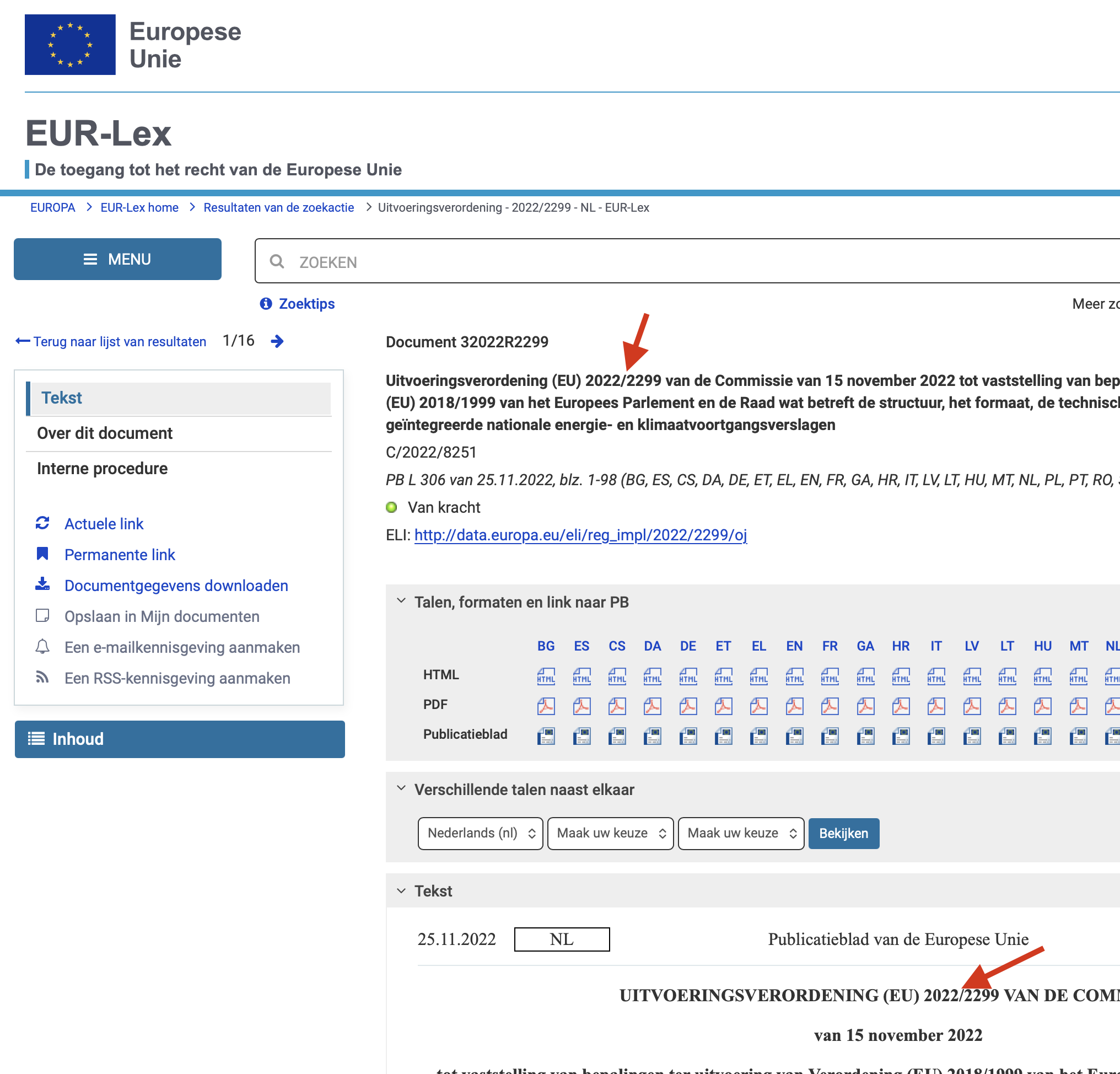 Voorbeeld van een EUR-Lex pagina waarop het EU-type en EU-nummer in de documenttitel zijn gemarkeerd.